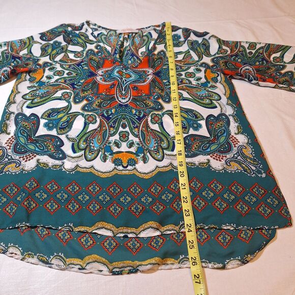 Renee C Green White Paisley Abstract Artsy Satin Short Sleeve Tunic V Neck Sz M - Picture 6 of 9